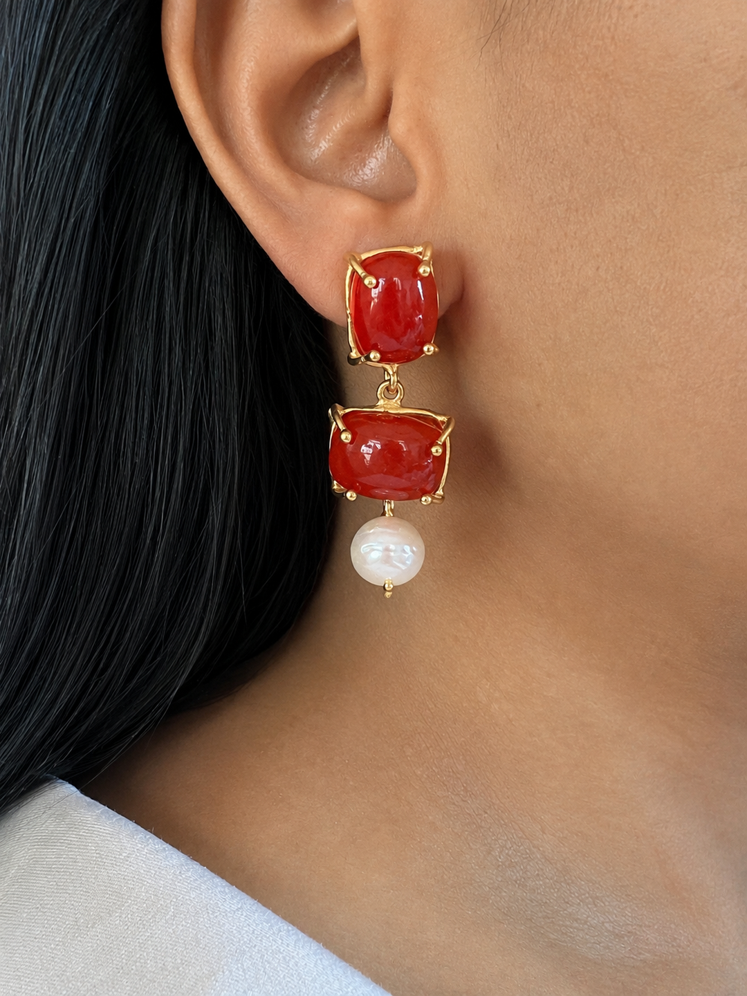 Red Carnelian Drop Earrings with Pearl