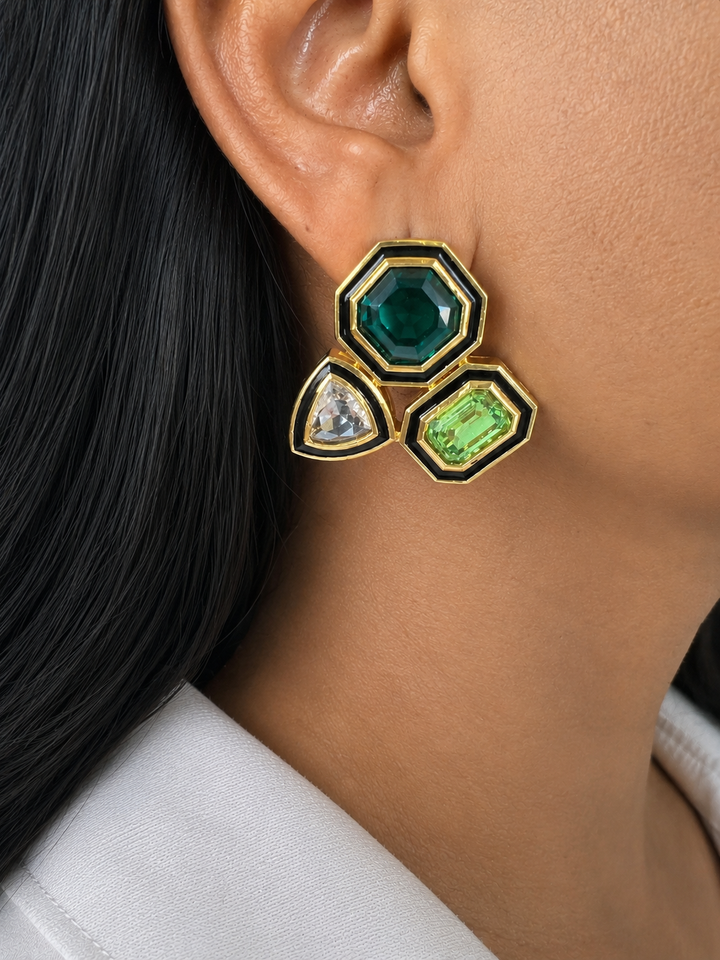 Gold Geometric Austrian Crystal Stud Earrings, Art Deco Chunky Earrings