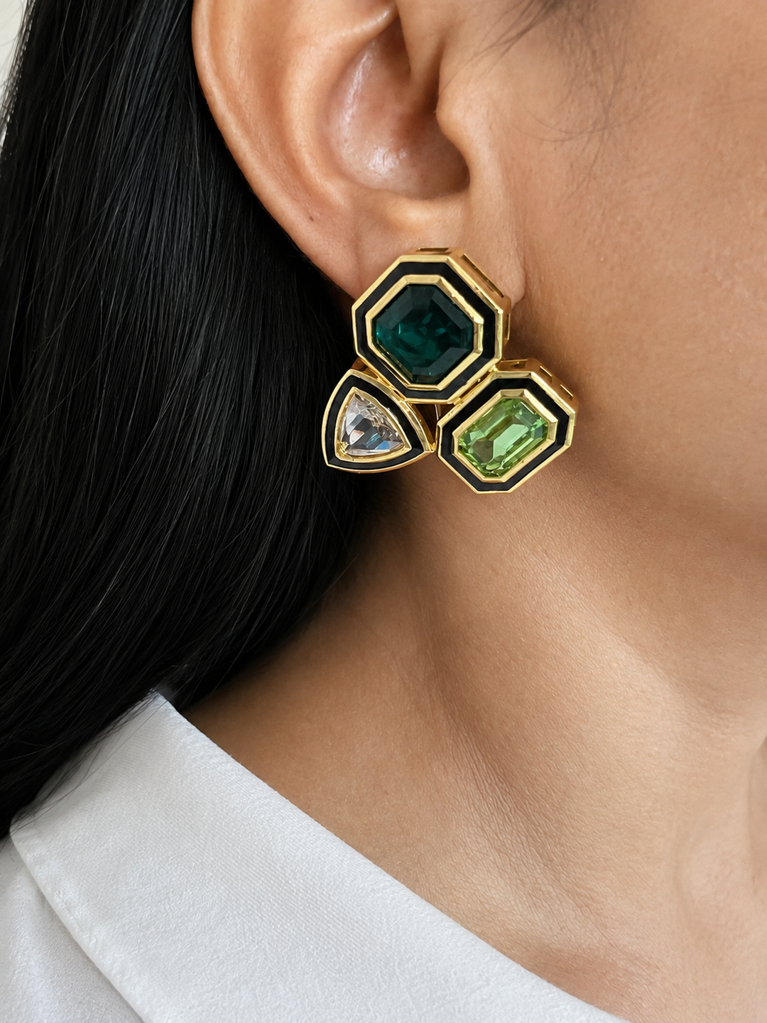 Gold Geometric Austrian Crystal Stud Earrings, Art Deco Chunky Earrings
