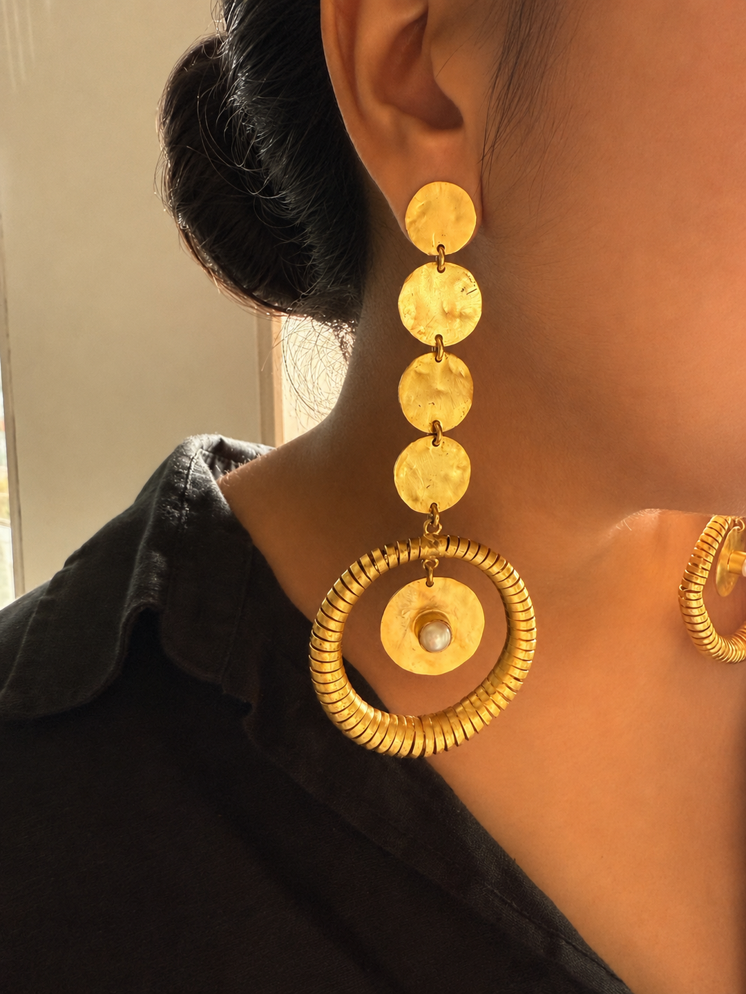 Handmade Statement Baroque Pearl Danglers | Modern Gold Polish Brass Earrings by SHIVKA