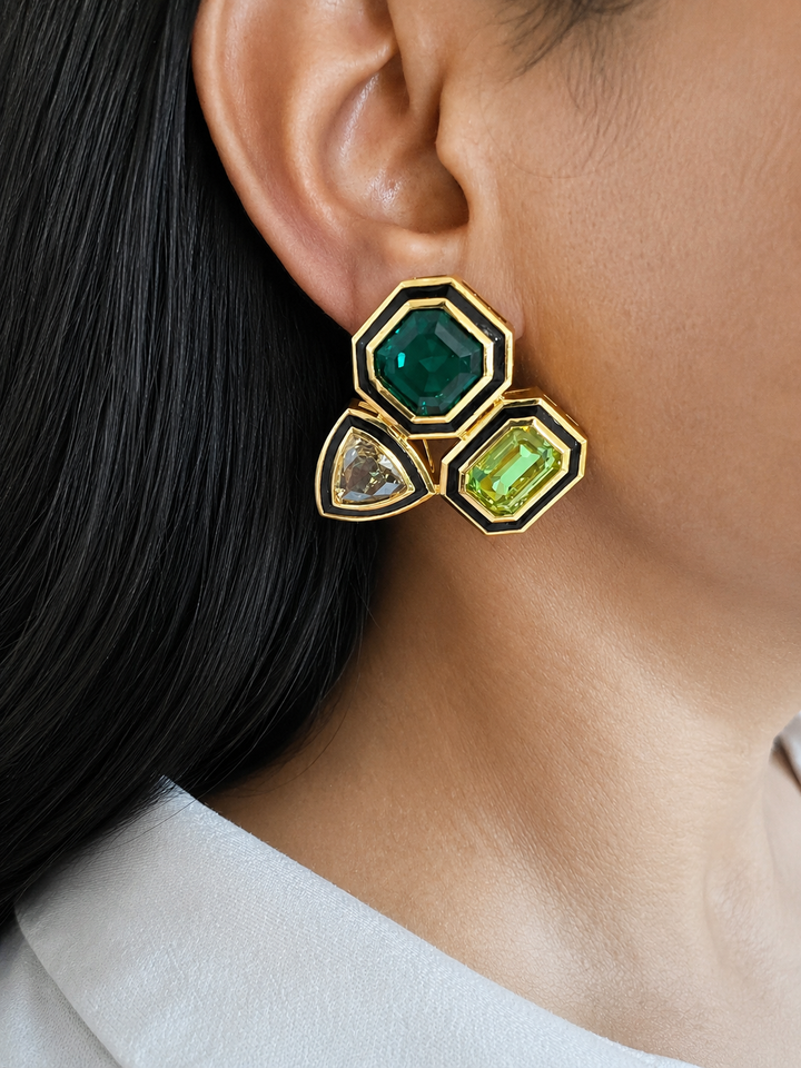 Gold Geometric Austrian Crystal Stud Earrings, Art Deco Chunky Earrings