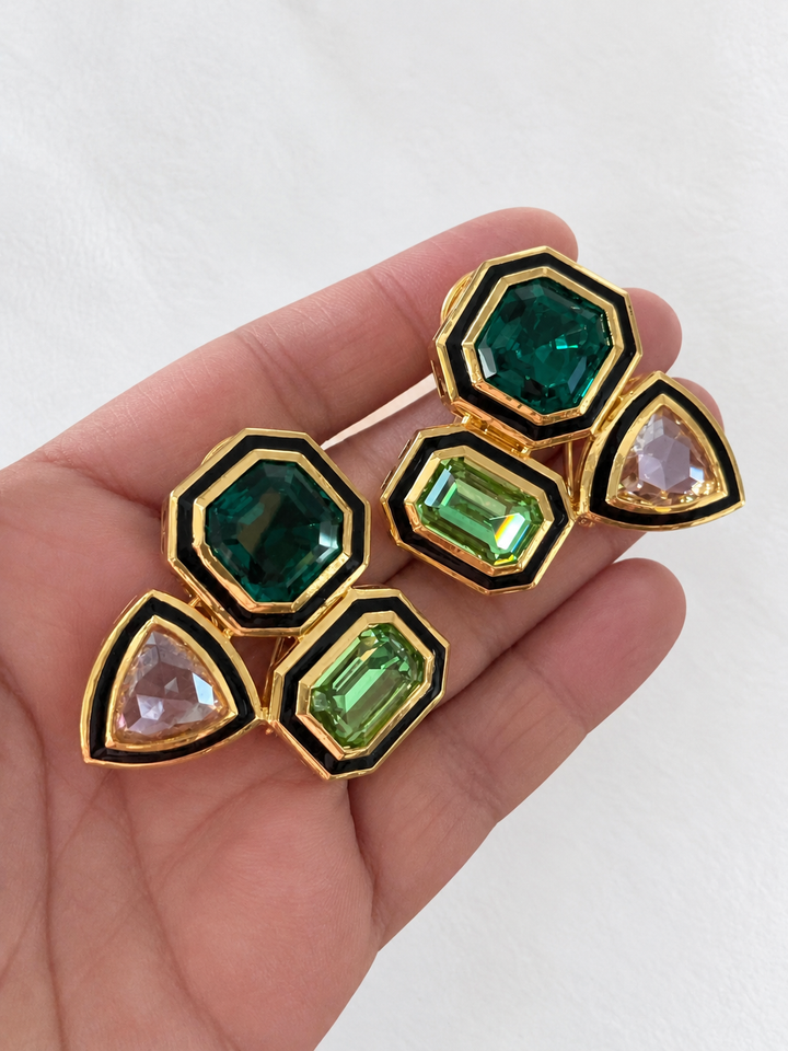 Gold Geometric Austrian Crystal Stud Earrings, Art Deco Chunky Earrings
