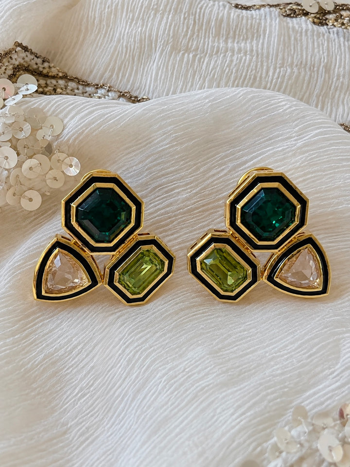 Gold Geometric Austrian Crystal Stud Earrings, Art Deco Chunky Earrings