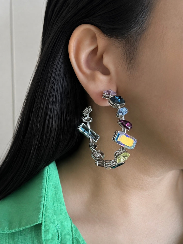Multicolor Austrian Crystal Hoop Earrings, Silver Rainbow Gemstone Statement Hoops