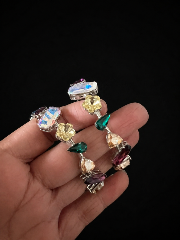 Multicolor Austrian Crystal Hoop Earrings, Silver Rainbow Gemstone Statement Hoops