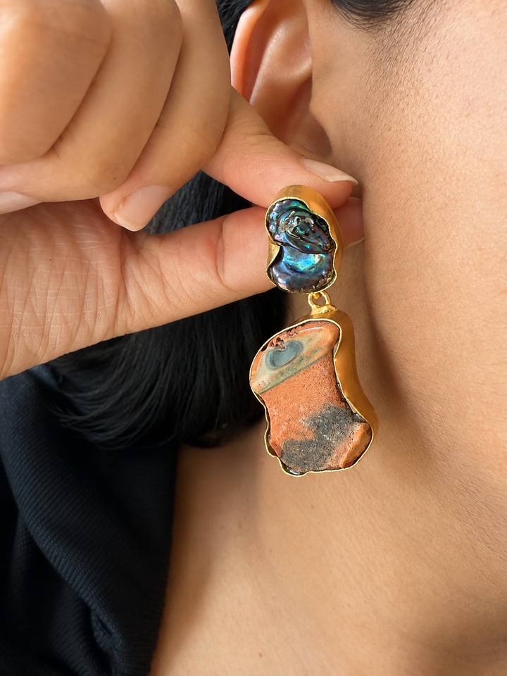 Handmade Earrings with Natural Gemstones | Modern Gold Polish Statement Danglers by SHIVKA
