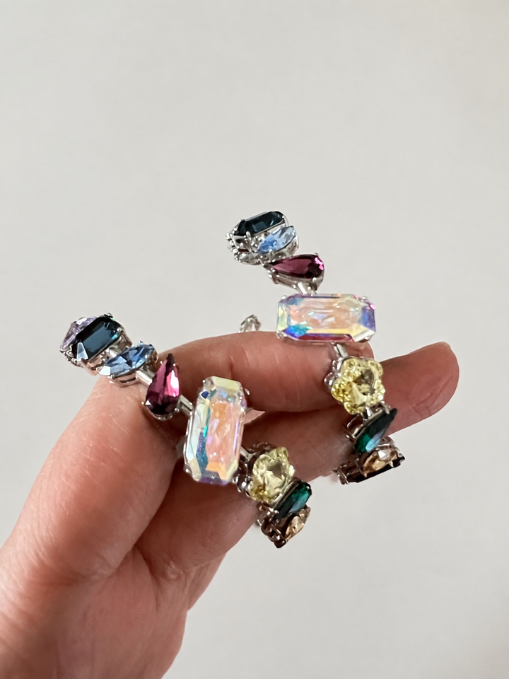 Multicolor Austrian Crystal Hoop Earrings, Silver Rainbow Gemstone Statement Hoops