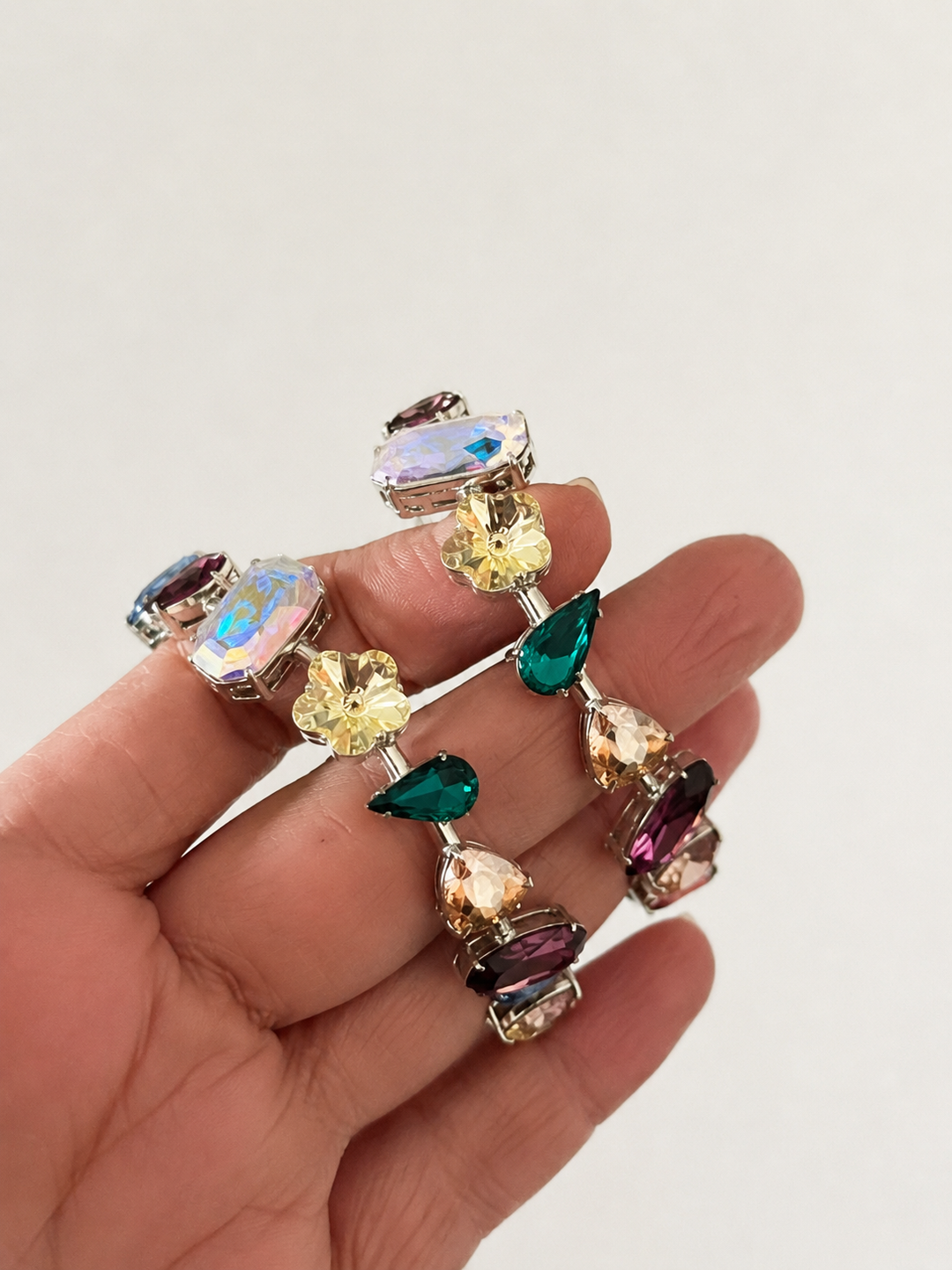 Multicolor Austrian Crystal Hoop Earrings, Silver Rainbow Gemstone Statement Hoops