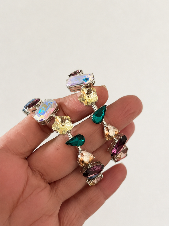 Multicolor Austrian Crystal Hoop Earrings, Silver Rainbow Gemstone Statement Hoops