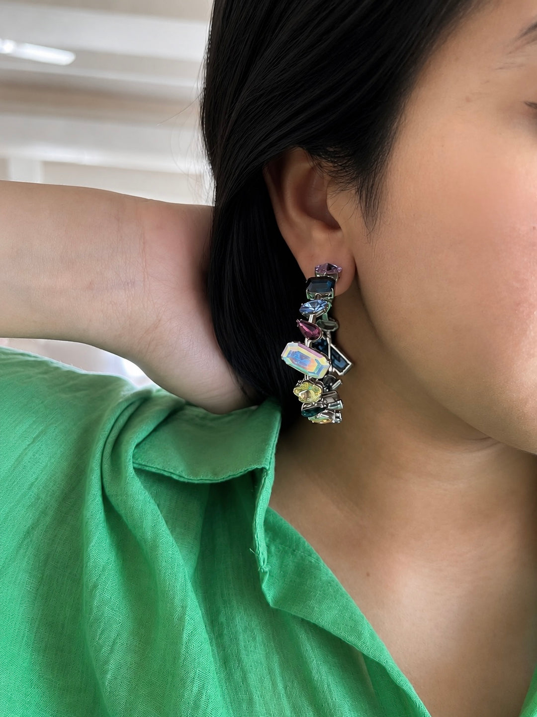 Multicolor Austrian Crystal Hoop Earrings, Silver Rainbow Gemstone Statement Hoops