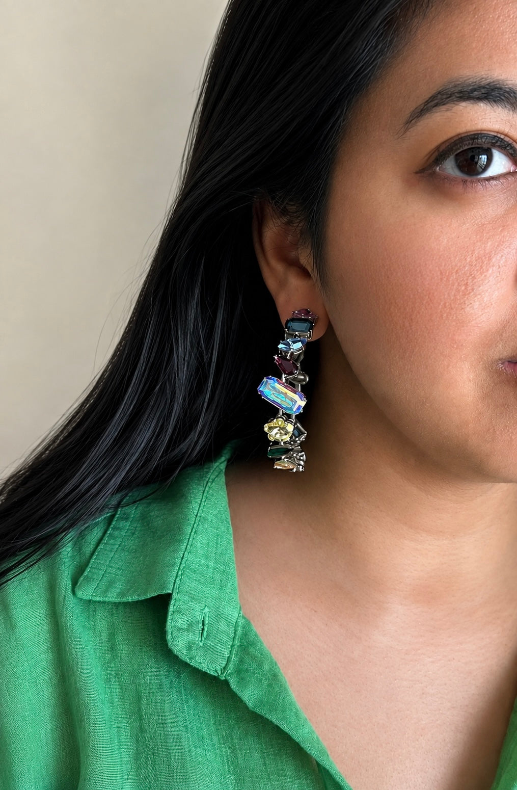 Multicolor Austrian Crystal Hoop Earrings, Silver Rainbow Gemstone Statement Hoops