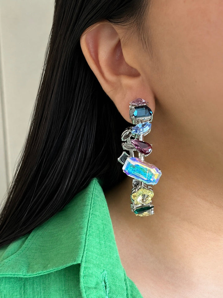 Multicolor Austrian Crystal Hoop Earrings, Silver Rainbow Gemstone Statement Hoops