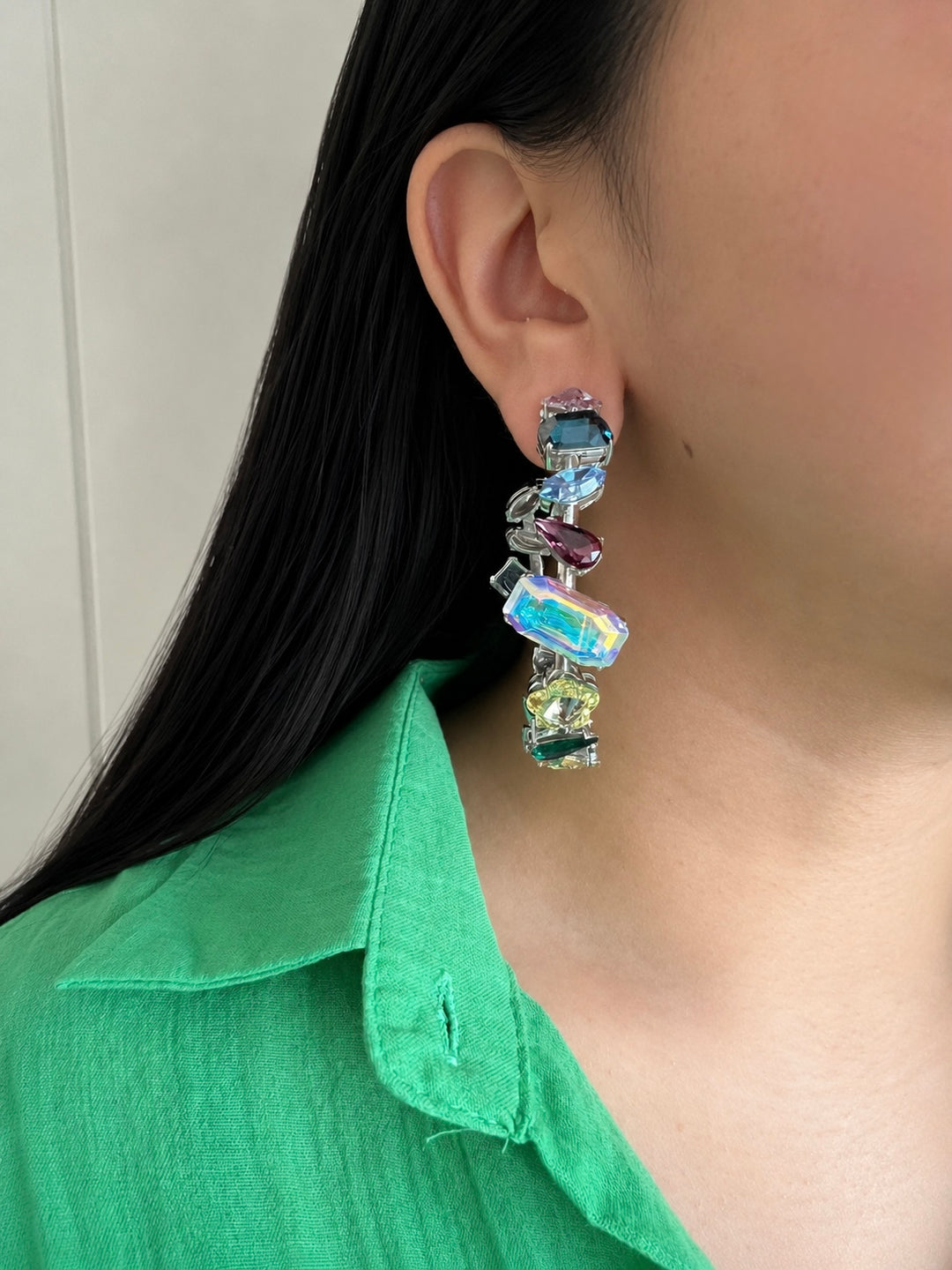 Multicolor Austrian Crystal Hoop Earrings, Silver Rainbow Gemstone Statement Hoops
