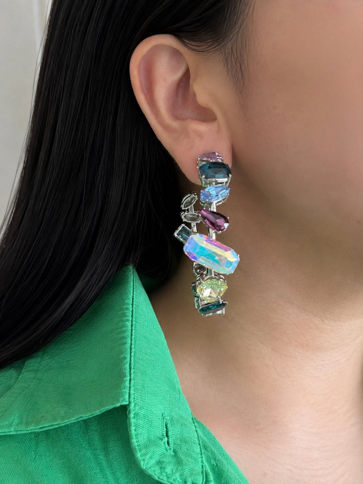 Multicolor Austrian Crystal Hoop Earrings, Silver Rainbow Gemstone Statement Hoops