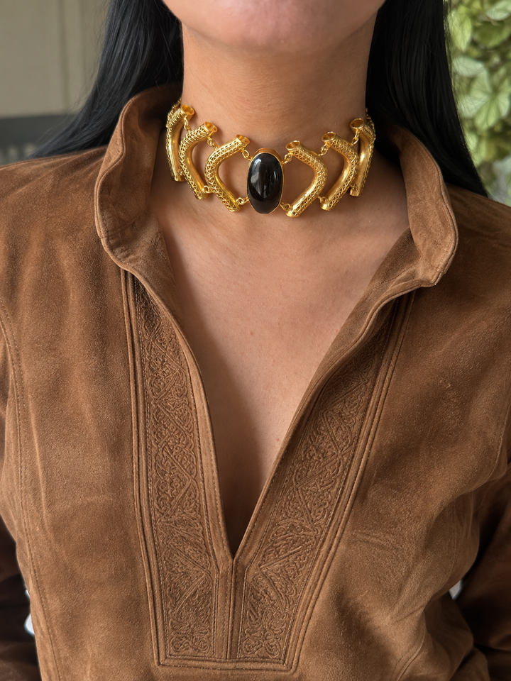 Black Onyx Gemstone Choker – Gold Brass, Adjustable Necklace