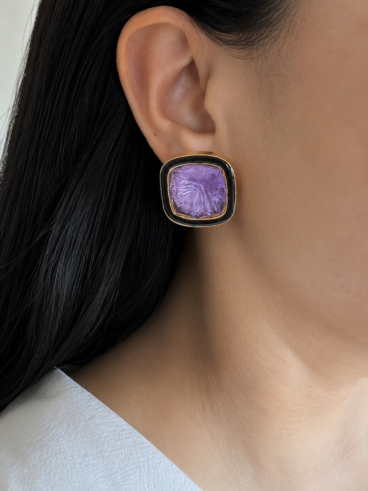 Purple Austrian Crystal Cushion Stud Earrings, Black Enamel Gold Frame Statement Studs