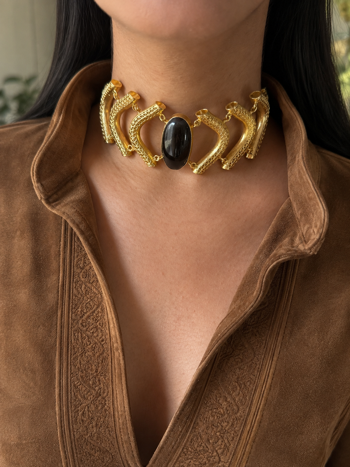 Black Onyx Gemstone Choker – Gold Brass, Adjustable Necklace