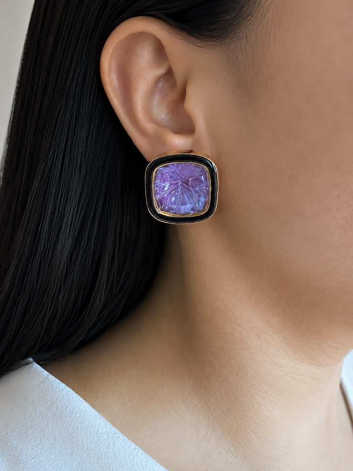 Purple Austrian Crystal Cushion Stud Earrings, Black Enamel Gold Frame Statement Studs