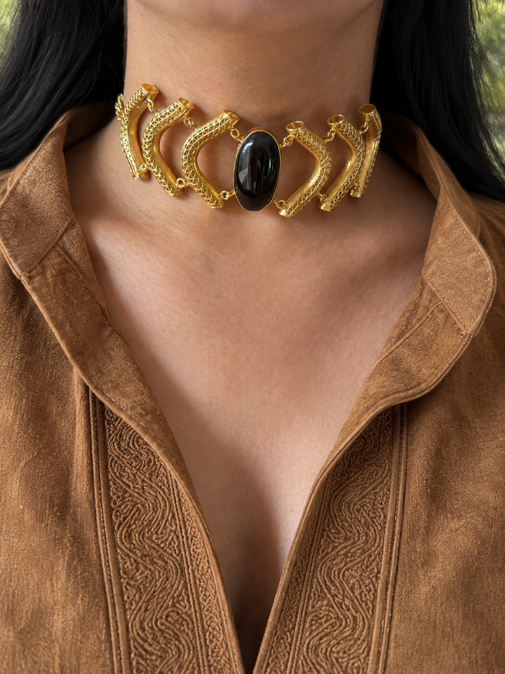 Black Onyx Gemstone Choker – Gold Brass, Adjustable Necklace