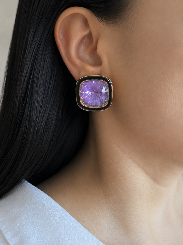 Purple Austrian Crystal Cushion Stud Earrings, Black Enamel Gold Frame Statement Studs