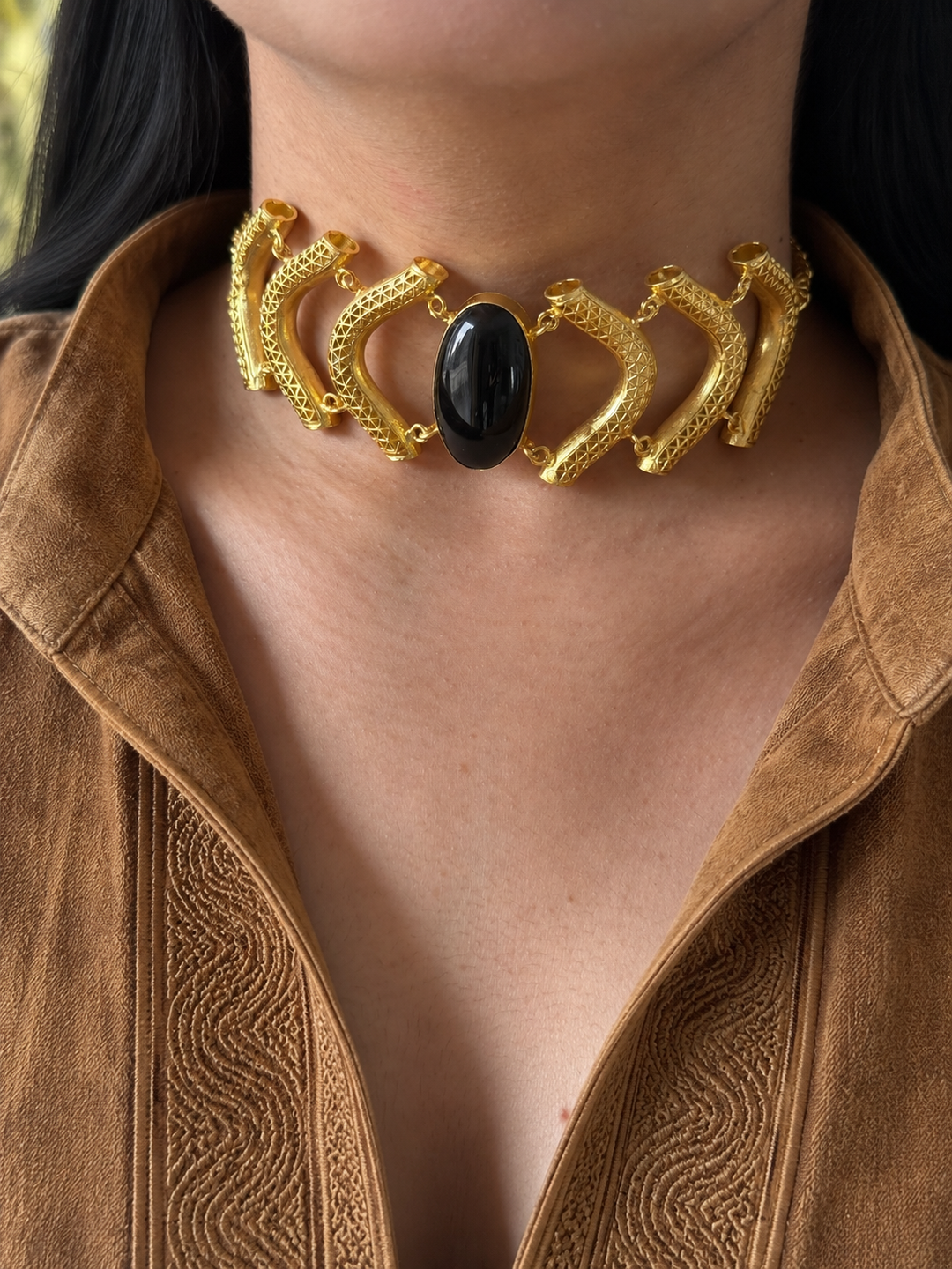 Black Onyx Gemstone Choker – Gold Brass, Adjustable Necklace