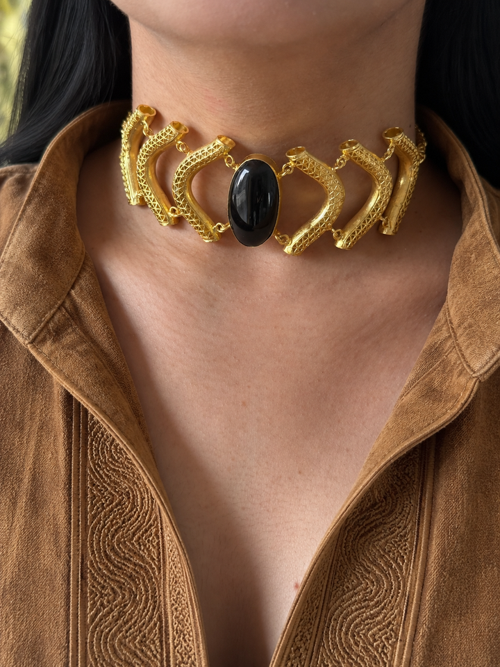 Black Onyx Gemstone Choker – Gold Brass, Adjustable Necklace