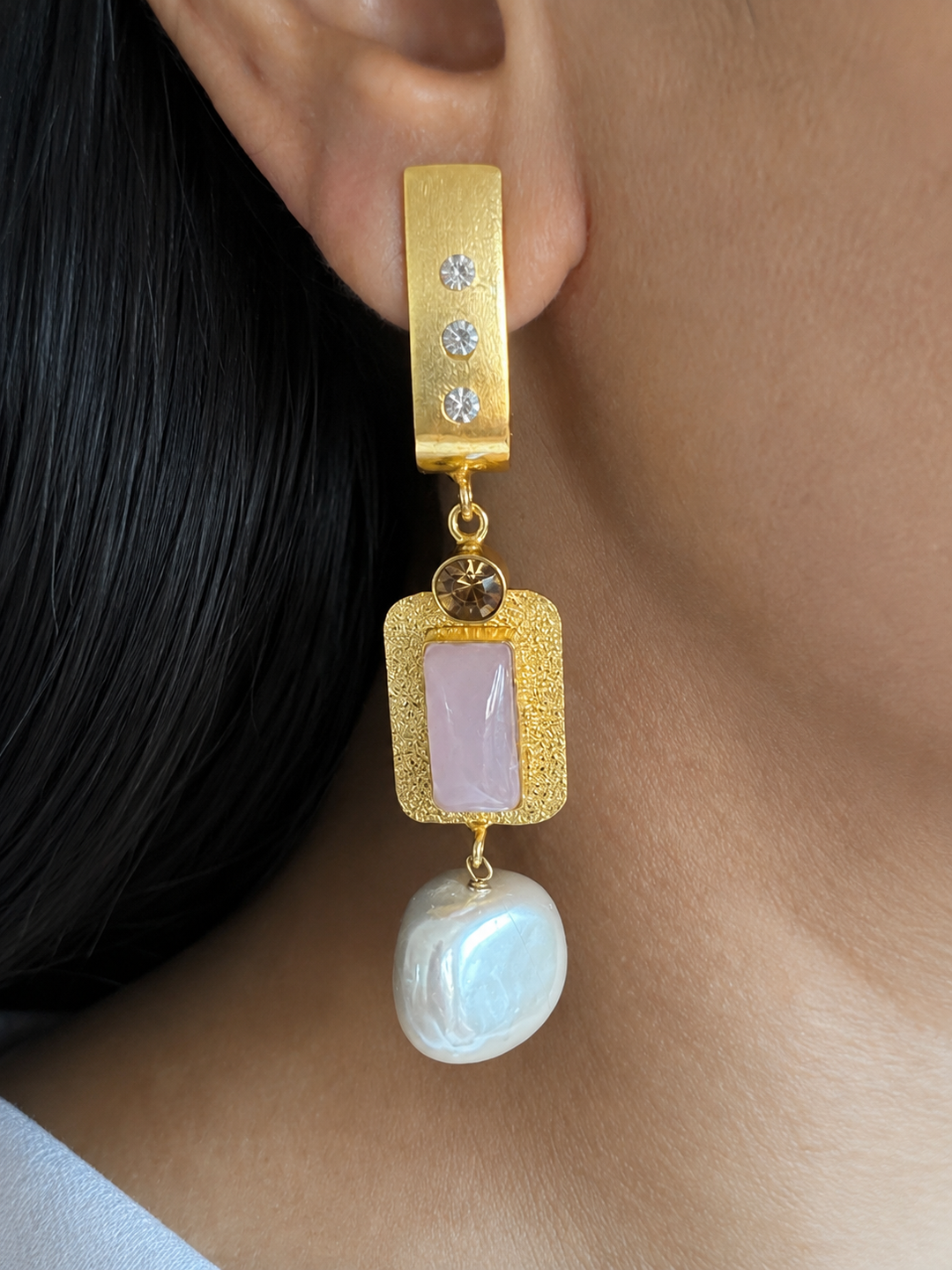 Gold Baroque Pearl Drop Earrings, Pink Stone & CZ Linear Dangle Earrings