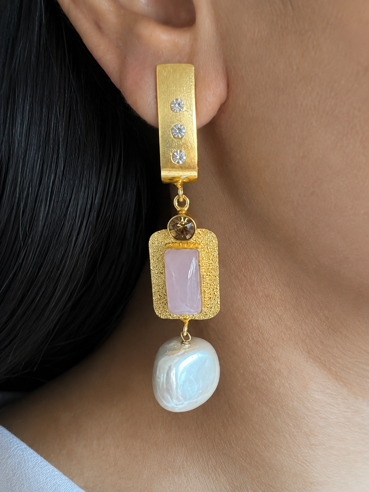 Gold Baroque Pearl Drop Earrings, Pink Stone & CZ Linear Dangle Earrings