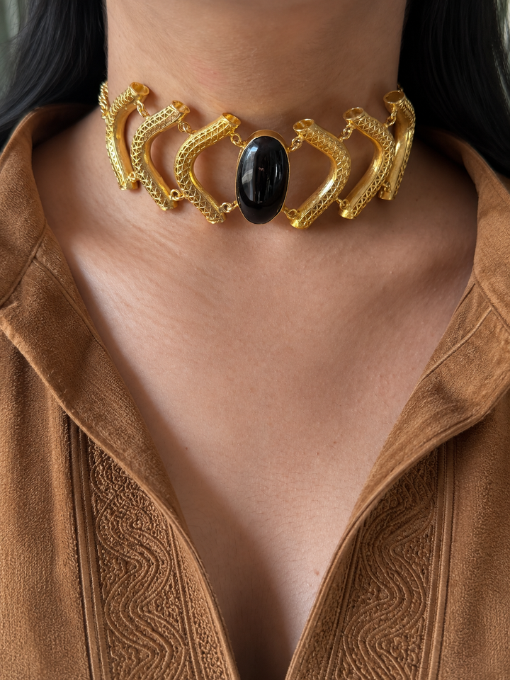 Black Onyx Gemstone Choker – Gold Brass, Adjustable Necklace