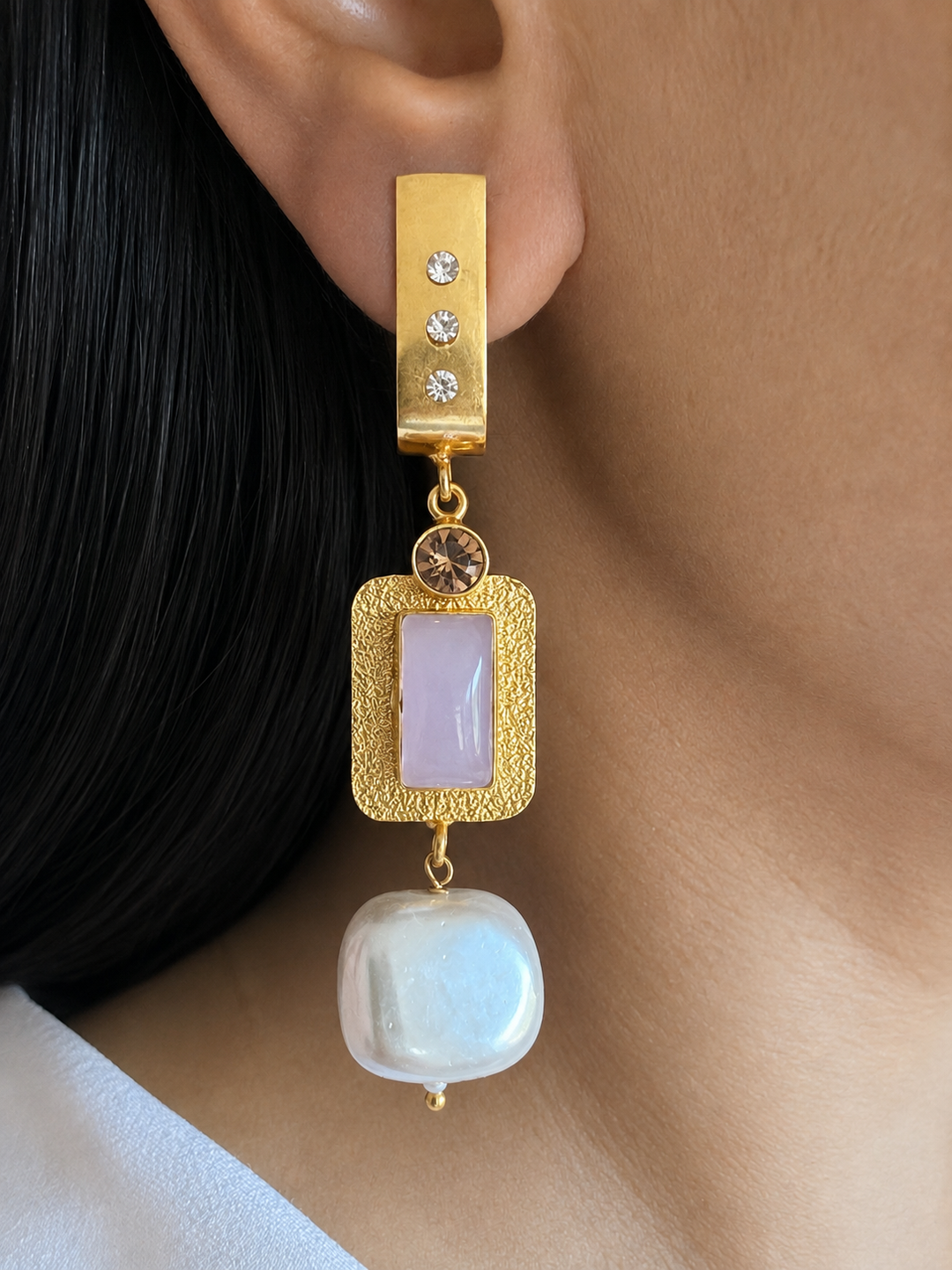 Gold Baroque Pearl Drop Earrings, Pink Stone & CZ Linear Dangle Earrings
