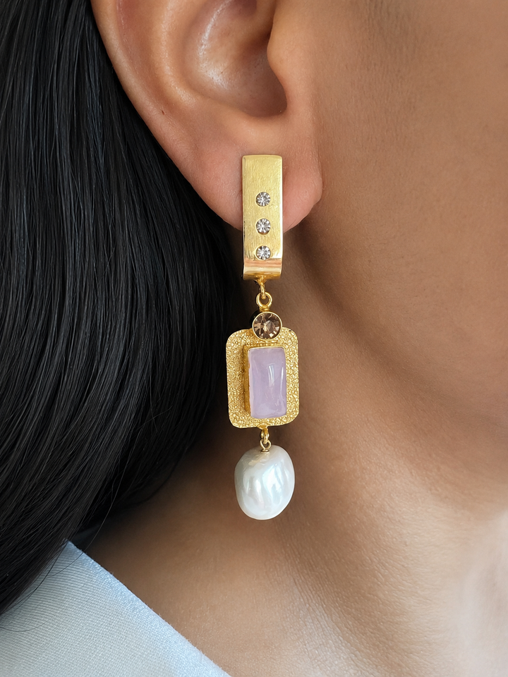 Gold Baroque Pearl Drop Earrings, Pink Stone & CZ Linear Dangle Earrings