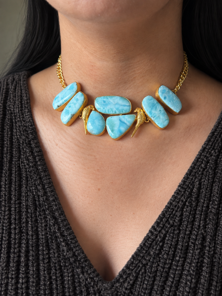 Natural Larimar Gemstone Choker Necklace– Gold Brass, Adjustable Necklace