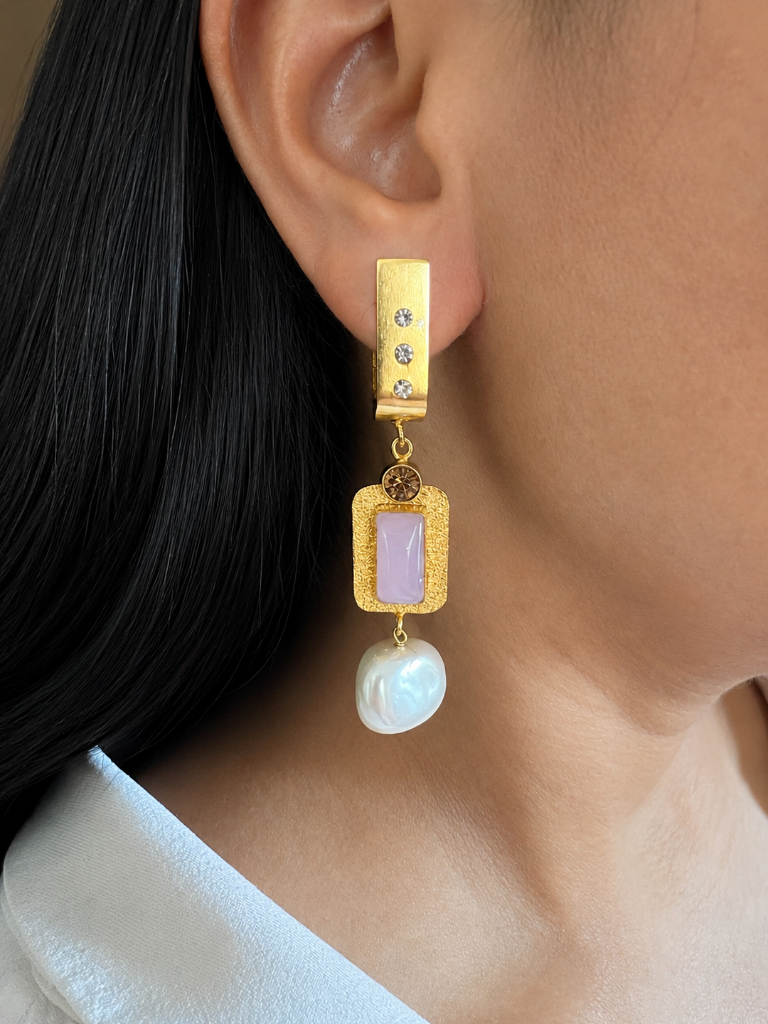 Gold Baroque Pearl Drop Earrings, Pink Stone & CZ Linear Dangle Earrings