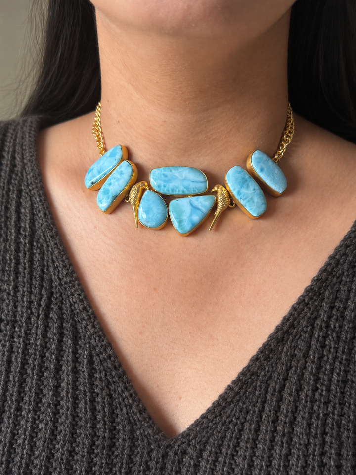 Natural Larimar Gemstone Choker Necklace– Gold Brass, Adjustable Necklace
