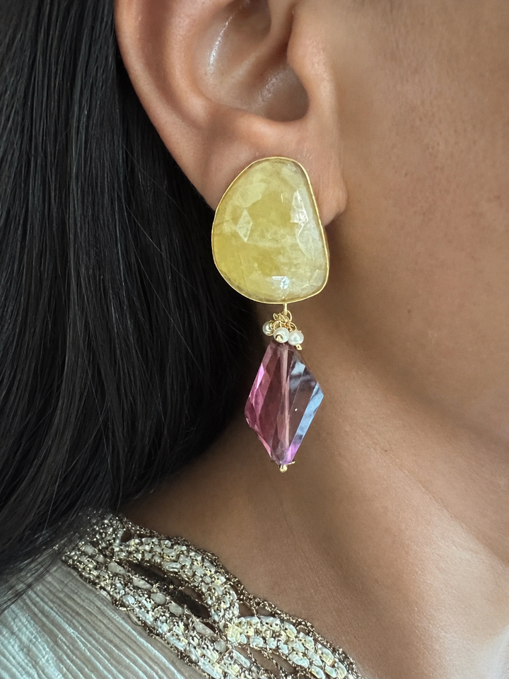 Mauve Gemstone Drop Yellow Quartz Earrings