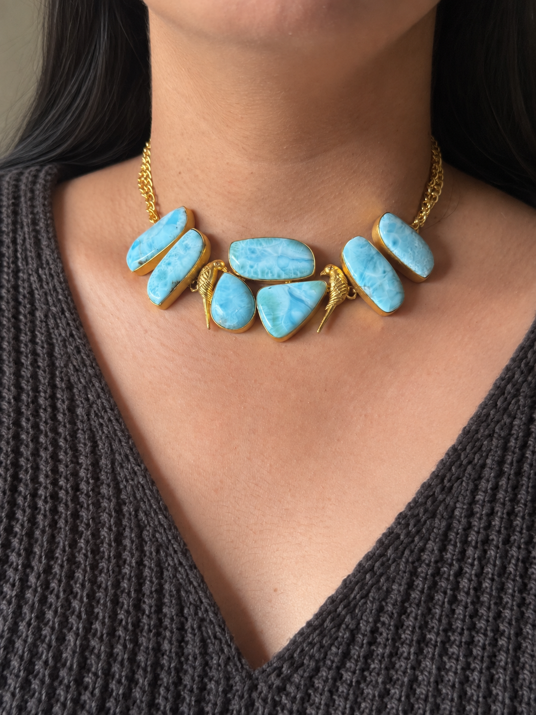 Natural Larimar Gemstone Choker Necklace– Gold Brass, Adjustable Necklace