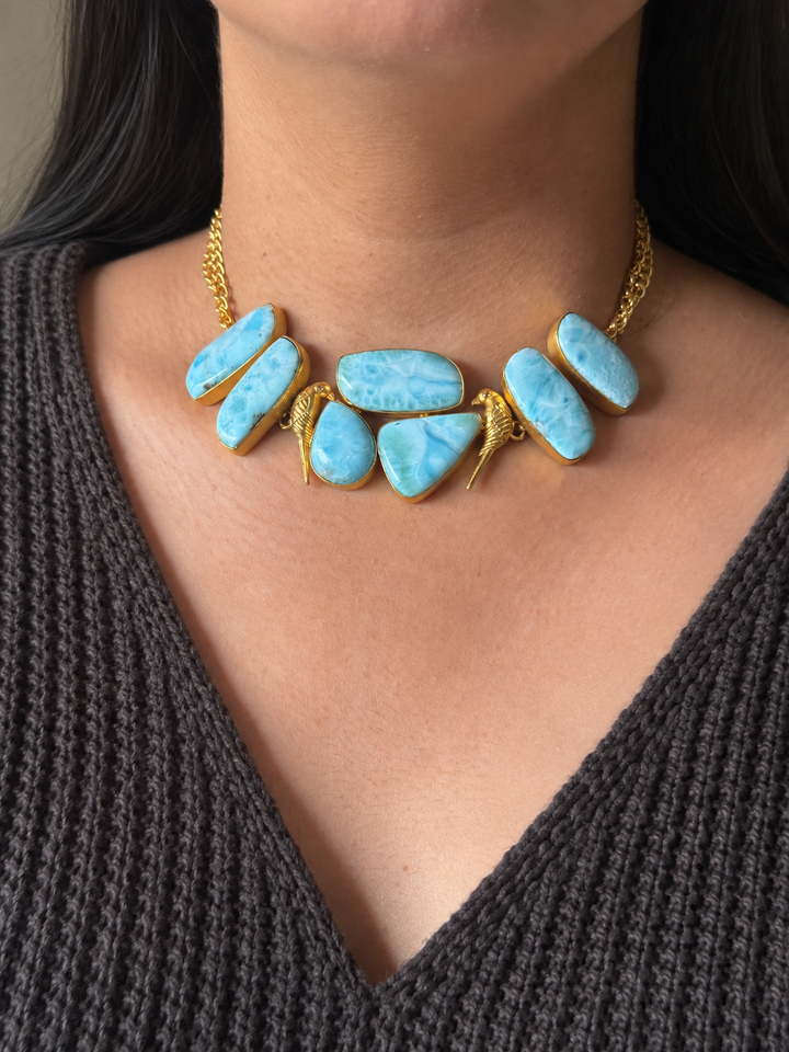 Natural Larimar Gemstone Choker Necklace– Gold Brass, Adjustable Necklace