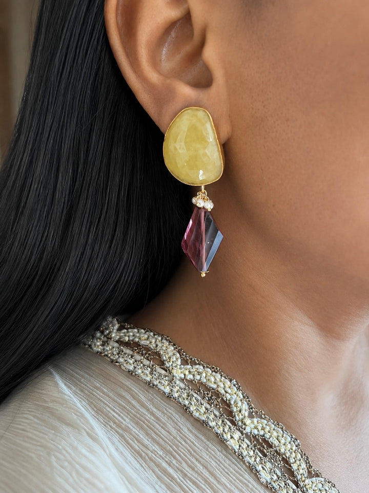 Mauve Gemstone Drop Yellow Quartz Earrings