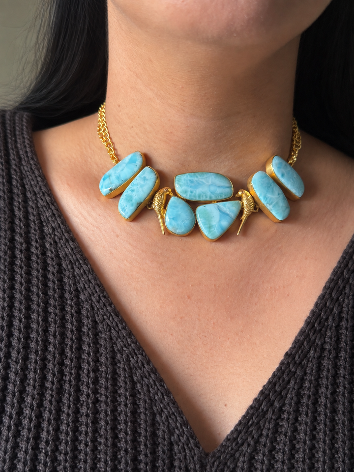 Natural Larimar Gemstone Choker Necklace– Gold Brass, Adjustable Necklace