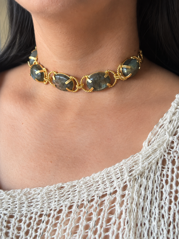 Labradorite Choker – Gold Brass, Adjustable Necklace