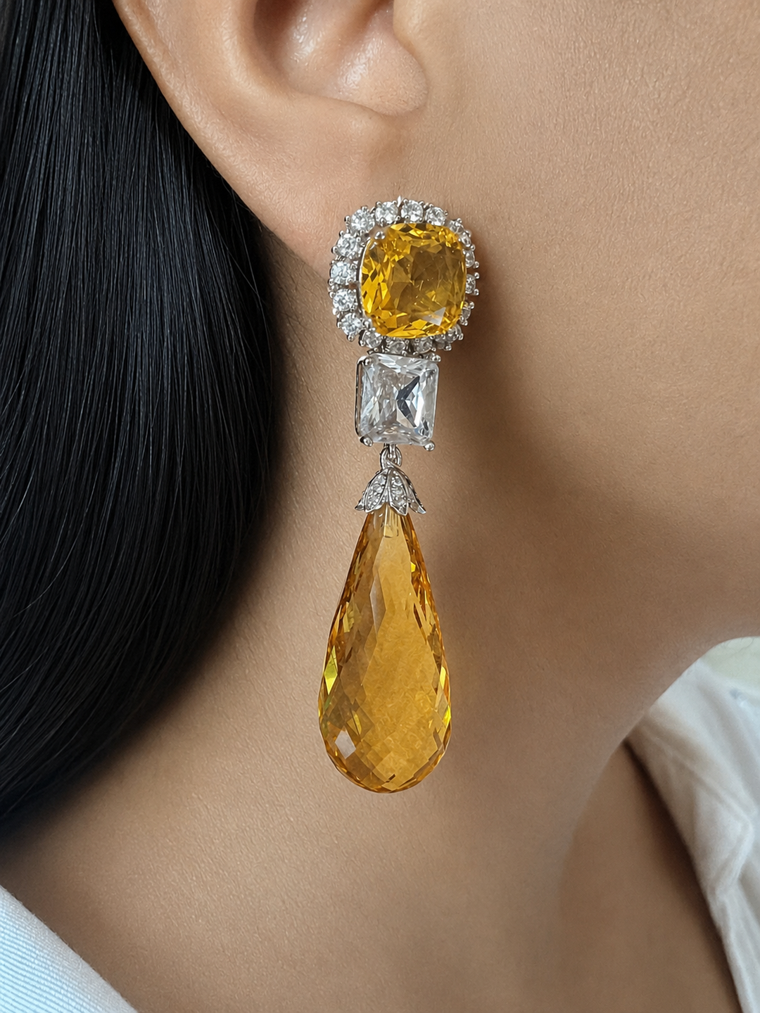 Luxurious Yellow Topaz Crystal Tear Drop Earrings, CZ Diamond Statement Earrings