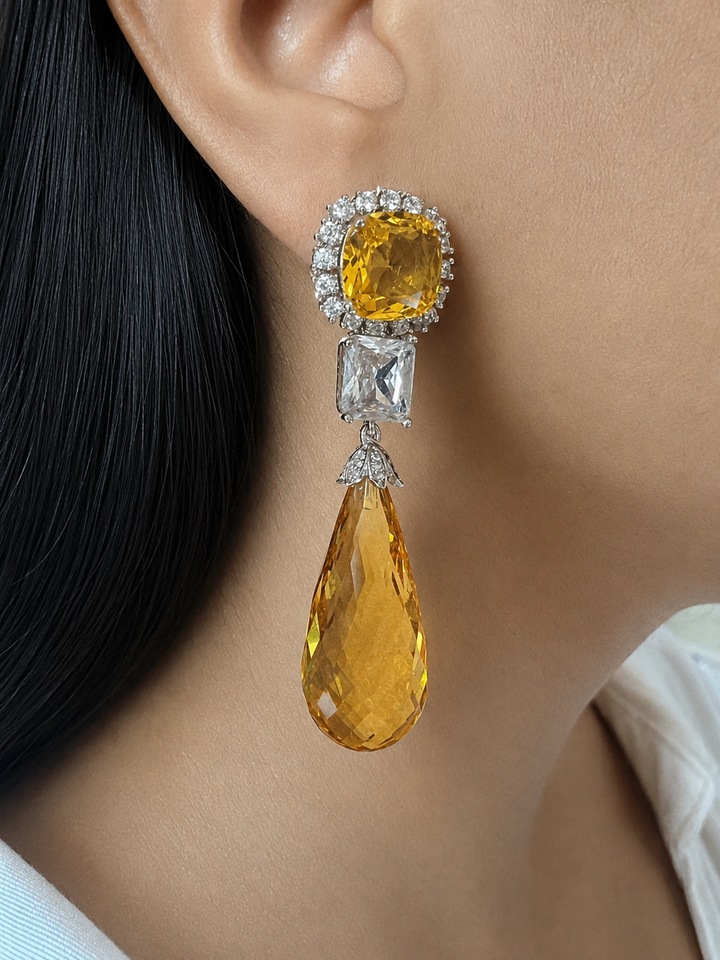 Luxurious Yellow Topaz Crystal Tear Drop Earrings, CZ Diamond Statement Earrings
