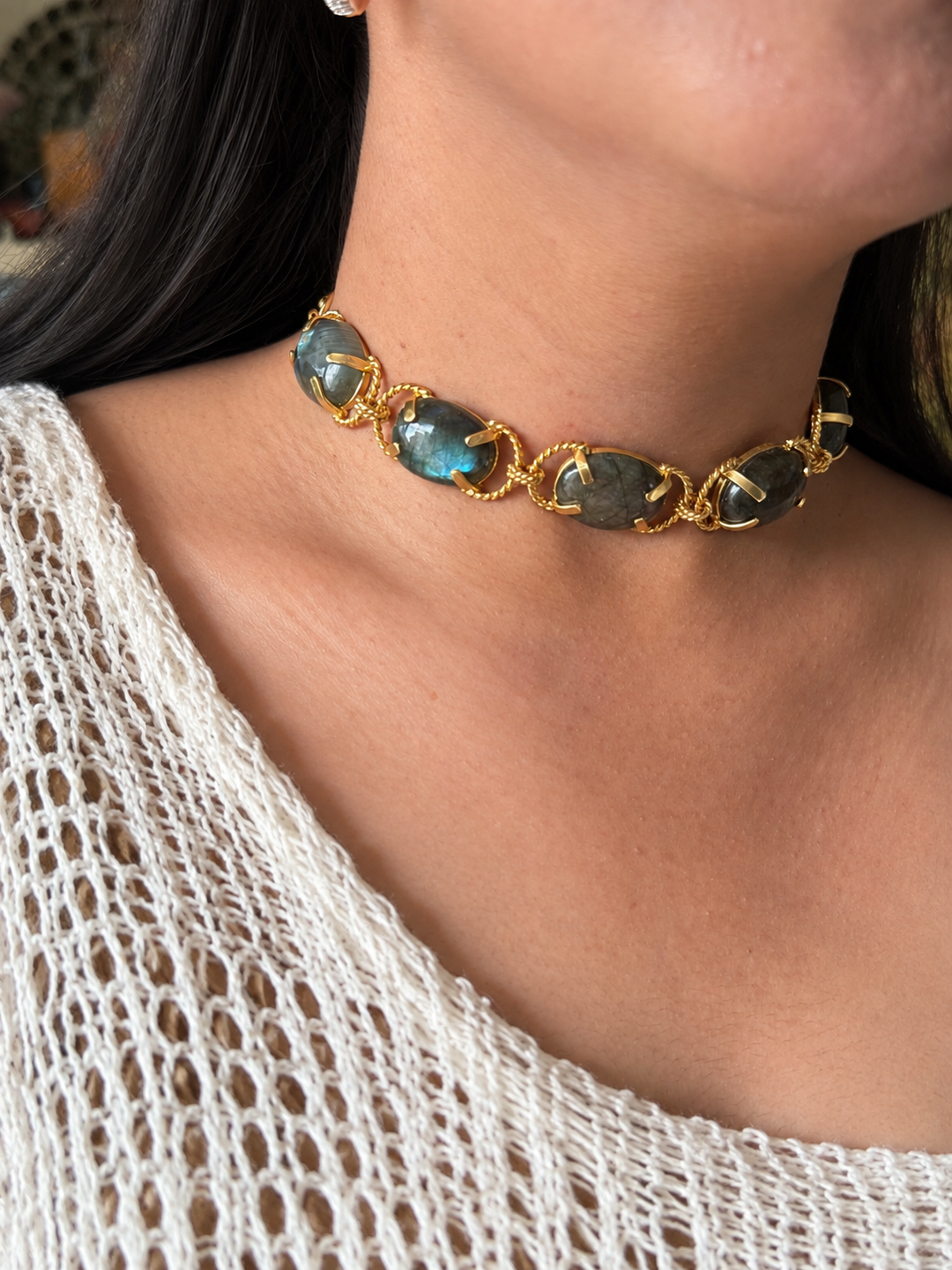 Labradorite Choker – Gold Brass, Adjustable Necklace