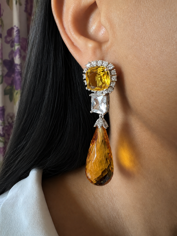 Luxurious Yellow Topaz Crystal Tear Drop Earrings, CZ Diamond Statement Earrings