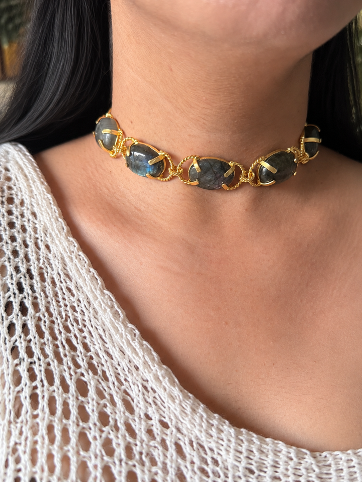 Labradorite Choker – Gold Brass, Adjustable Necklace