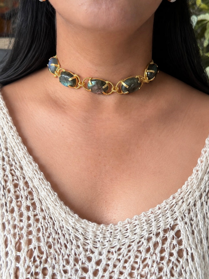 Labradorite Choker – Gold Brass, Adjustable Necklace