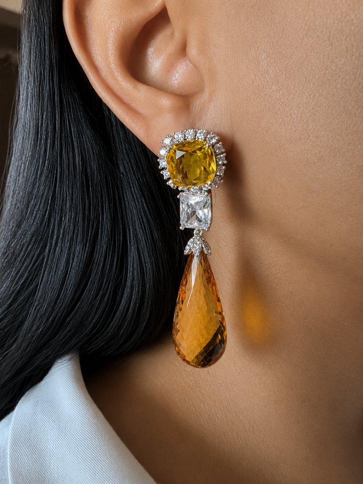 Luxurious Yellow Topaz Crystal Tear Drop Earrings, CZ Diamond Statement Earrings