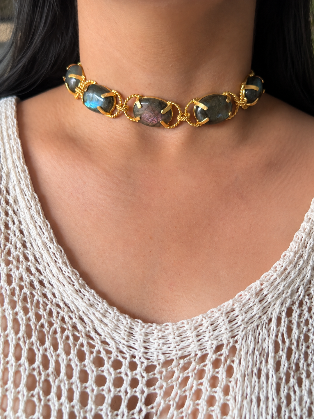 Labradorite Choker – Gold Brass, Adjustable Necklace