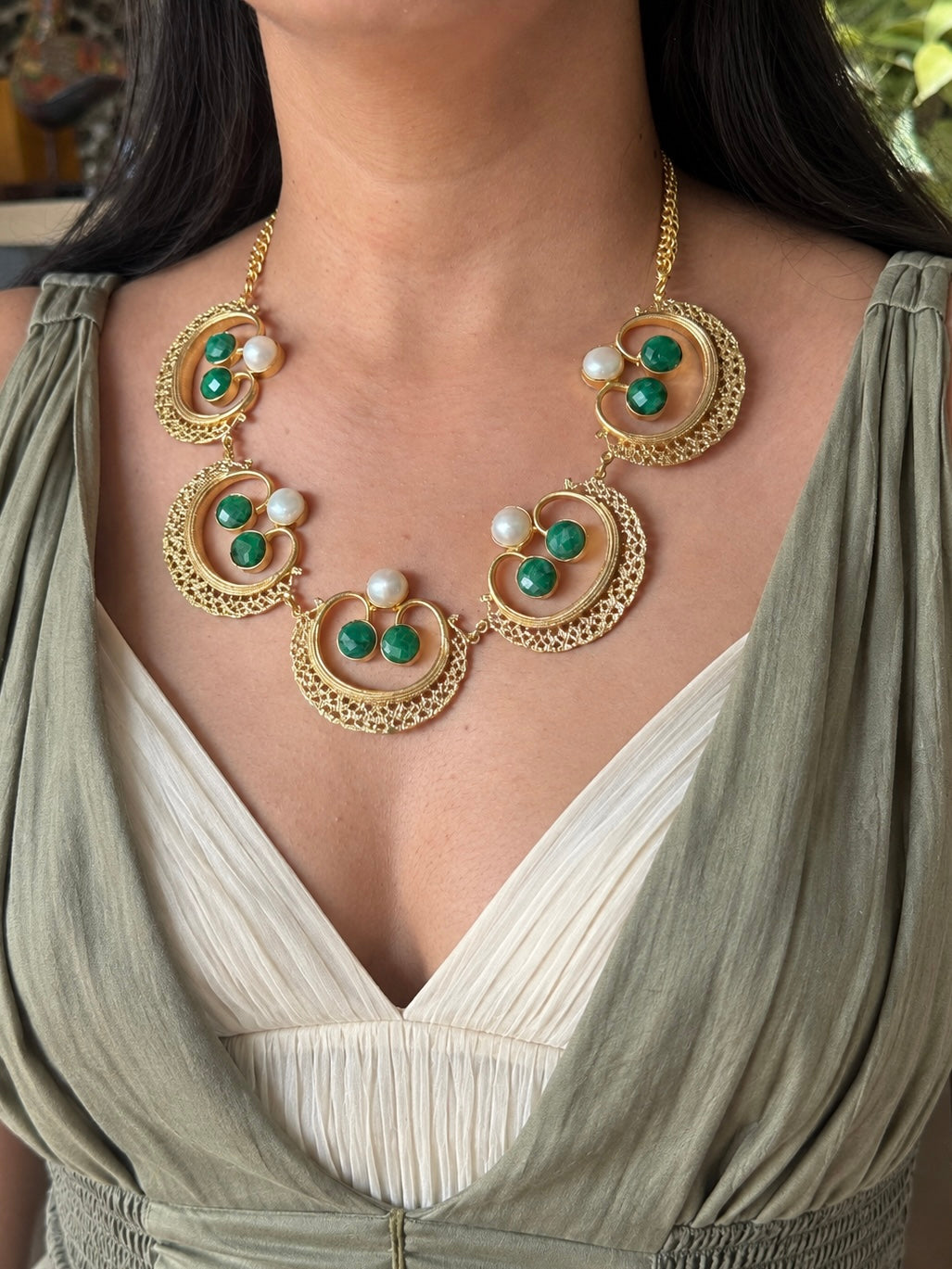 Handmade Pearl and Quartz Statement Necklace | Gold Polish Brass Adjustable Lobster Claw Jewelry