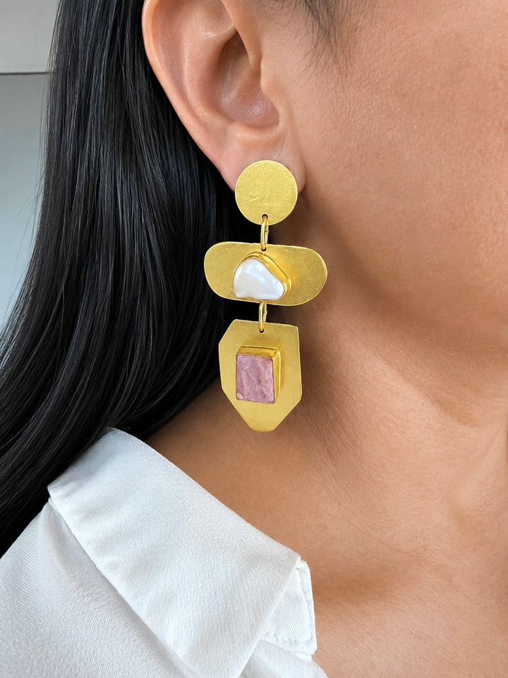 Raw Pink Quartz Baroque Pearl Dangle Earrings, Brushed Gold Geometric Statement Earrings